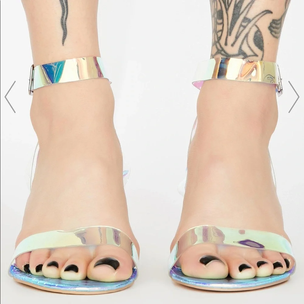 Public Desire Iridescent Holographic Strap Block Heel Sandals